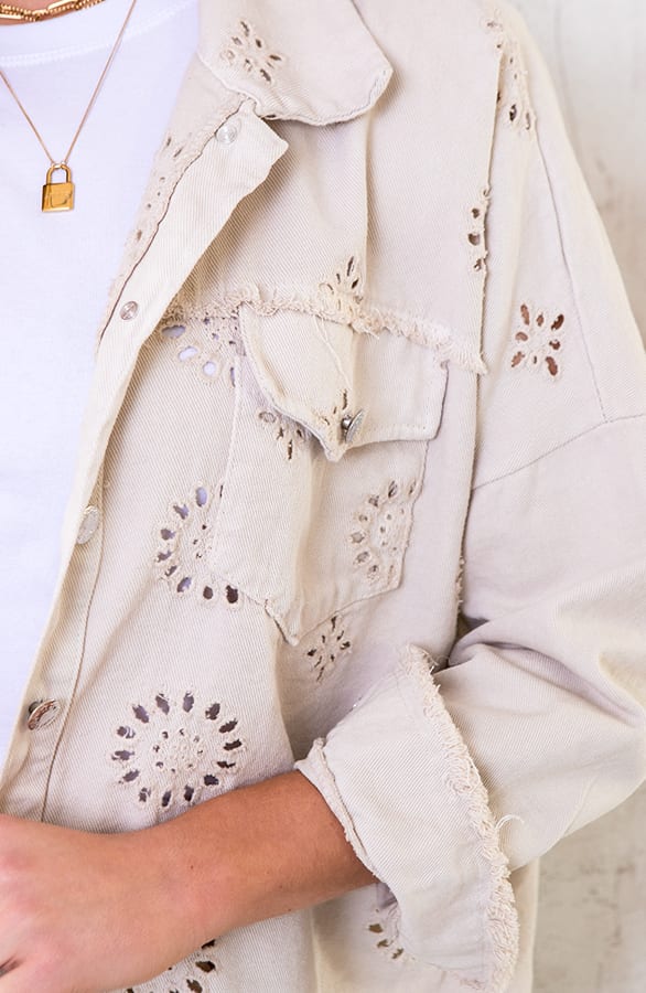 Denim Embroidery Jacket Beige – shoparchief, foto 4