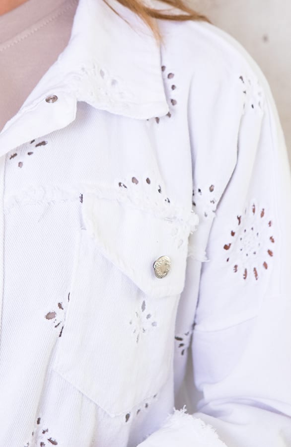 Denim Embroidery Jacket Wit – shoparchief, foto 3
