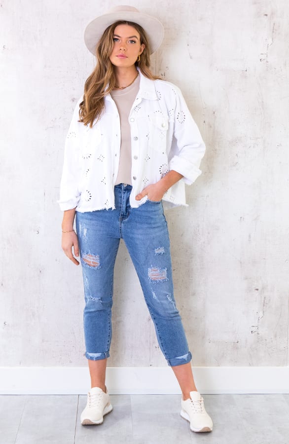 Denim Embroidery Jacket Wit – shoparchief, foto 4