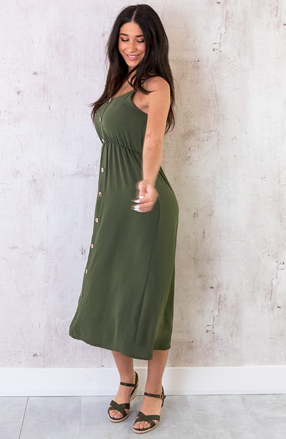 Midi Jurk Knopen Santorini Legergroen – shoparchief, foto 2