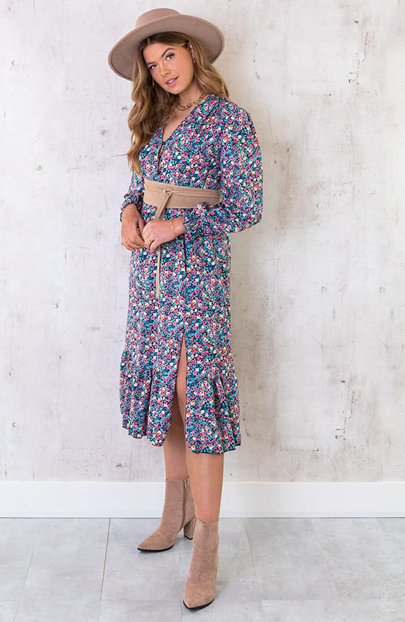 Midi Split Jurk Floral Blauw – shoparchief, foto 1
