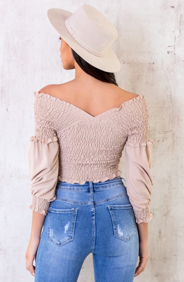 Overslag Crop Top Smocked Beige – shoparchief, foto 4