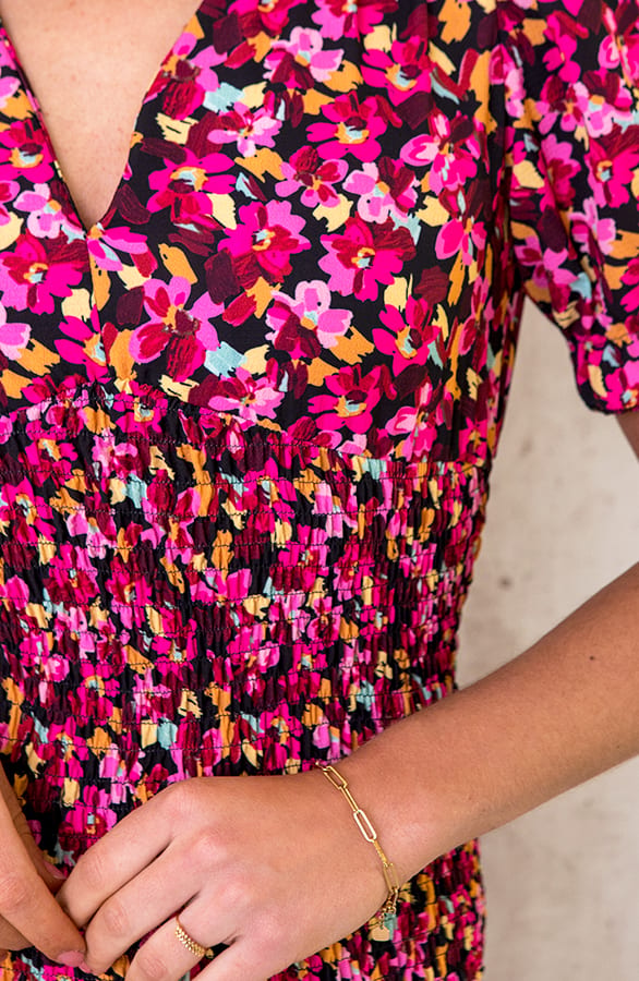 Smocked Jurk Met Bloemen Fuchsia – shoparchief, foto 5