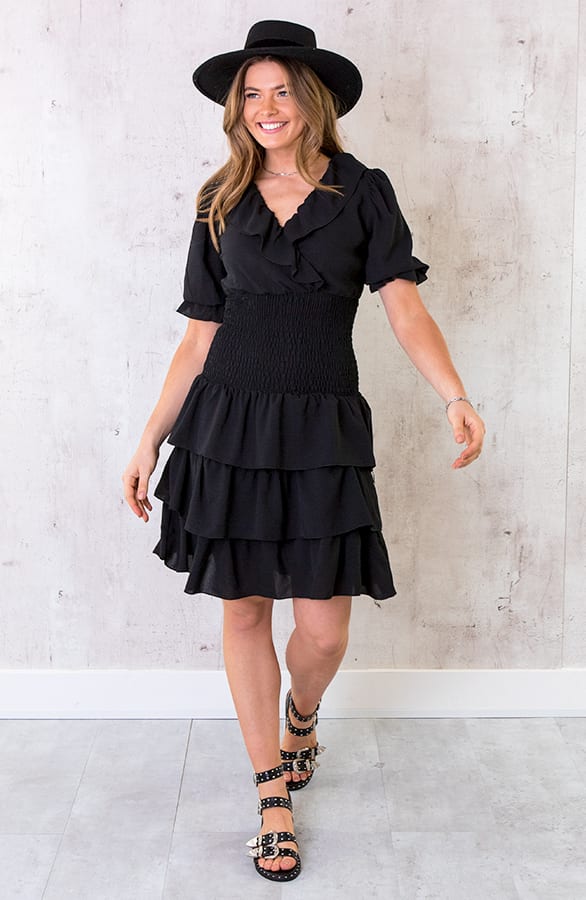 Smocked Waist Lagen Jurk Zwart – shoparchief, foto 2
