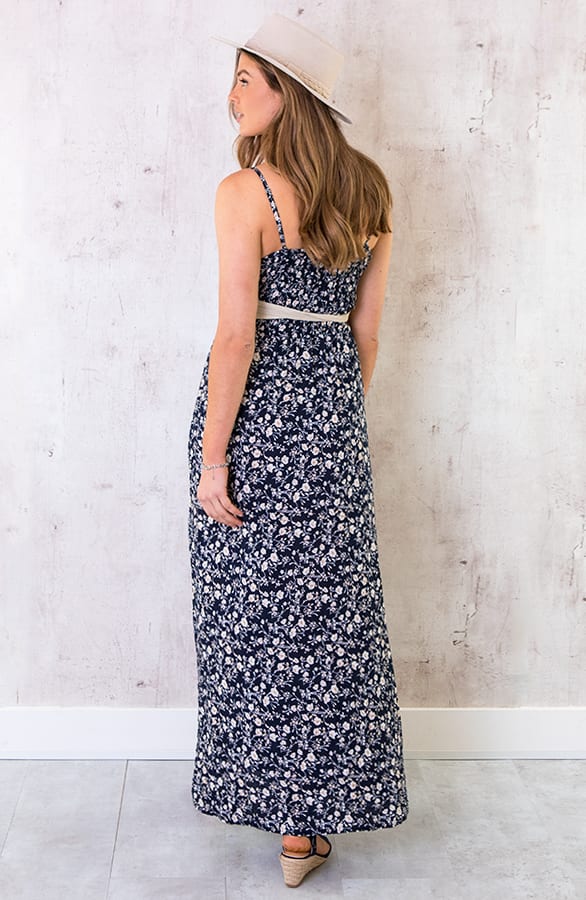 Spaghetti Maxi Jurk Bloemen Marine – shoparchief, foto 5