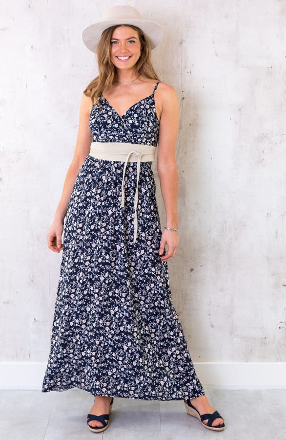 Spaghetti Maxi Jurk Bloemen Marine – shoparchief, foto 3