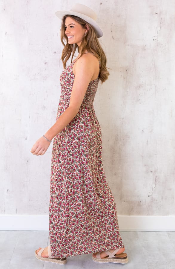 Spaghetti Maxi Jurk Bloemen Rood – shoparchief, foto 3