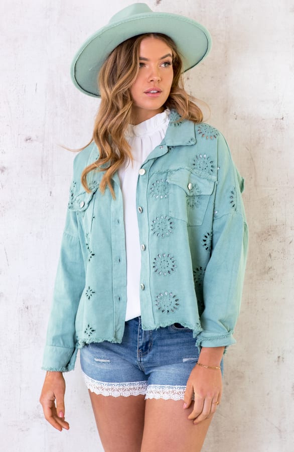 Denim Embroidery Jacket Mint – shoparchief, foto 6