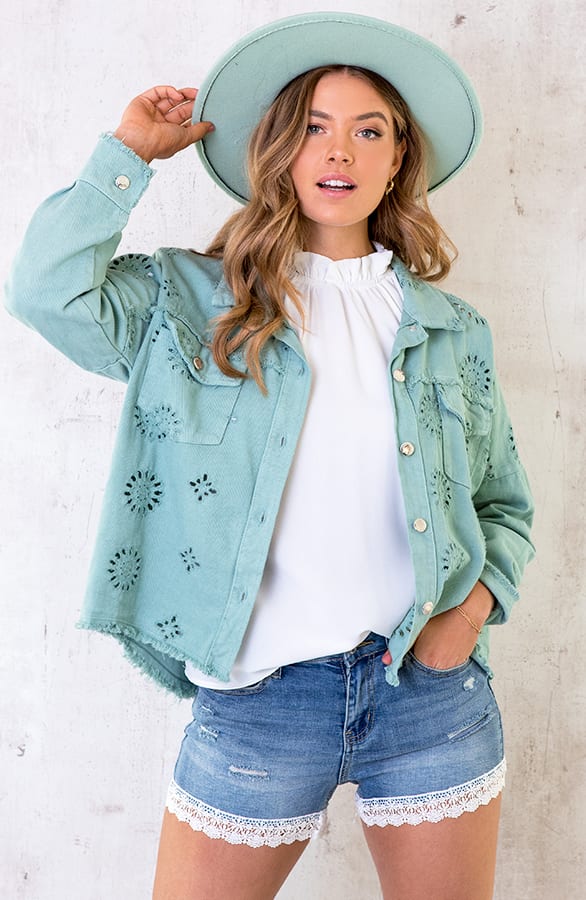 Denim Embroidery Jacket Mint – shoparchief, foto 5
