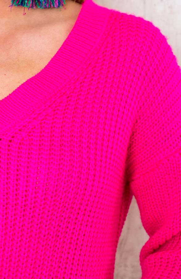 Gestrickter Pullover mit V-Ausschnitt Neon Fuchsia, Shoparchiv, Foto 6
