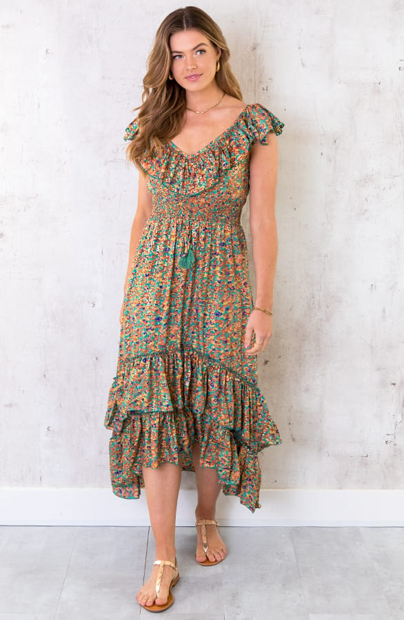 Maxi Print Jurk Ruches Multicolor – shoparchief, foto 1