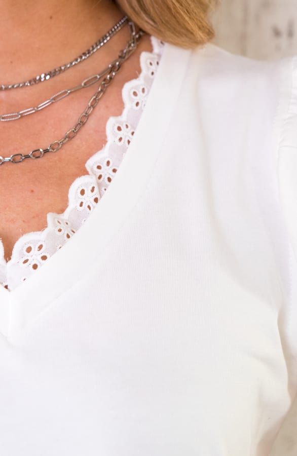 Kanten V-hals Ruffle Top Ecru – shoparchief, foto 3