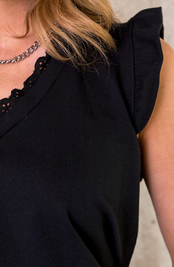 Kanten V-hals Ruffle Top Zwart – shoparchief, foto 4