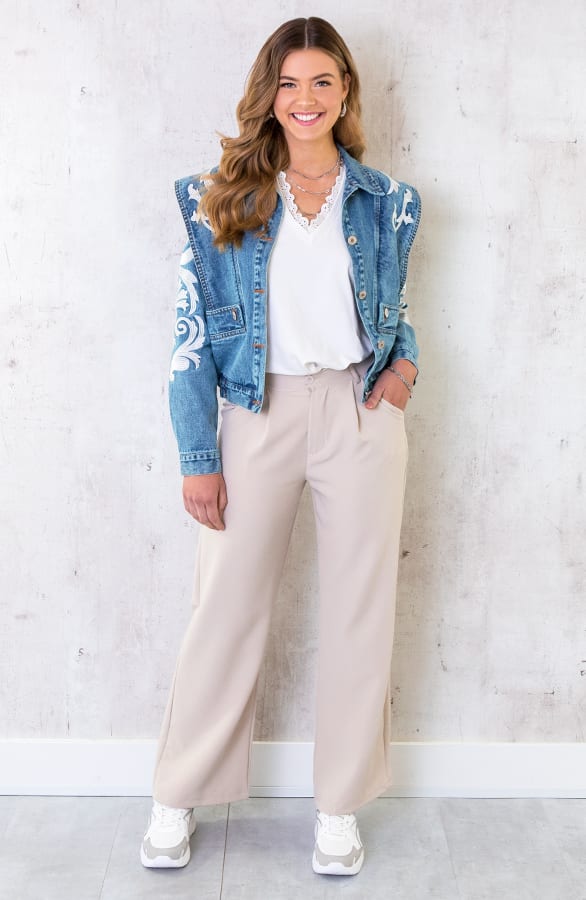 Kanten V-hals Ruffle Top Ecru – shoparchief, foto 6