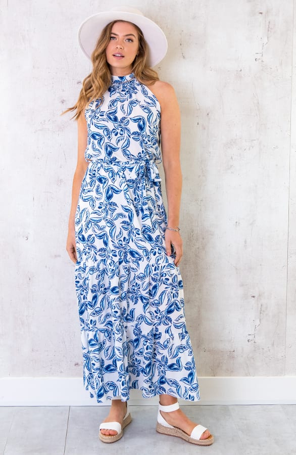 Maxi Halter Jurk Leaves Blauw – shoparchief, foto 1