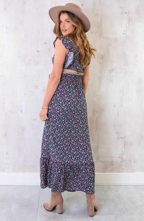 Ruffle Maxi Jurk Bloemen Marine – shoparchief, foto 4