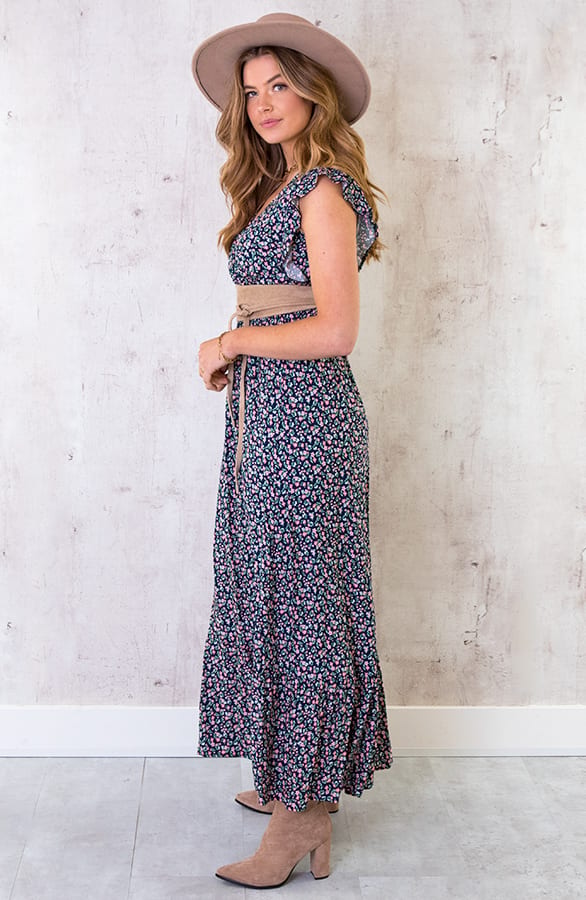 Ruffle Maxi Jurk Bloemen Marine – shoparchief, foto 3