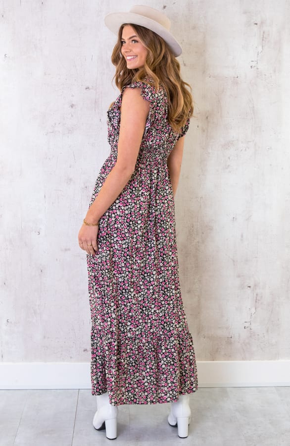 Ruffle Maxi Jurk Bloemen Zwart – shoparchief, foto 8
