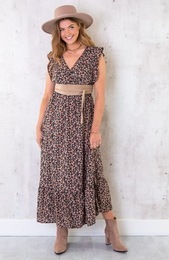 Ruffle Maxi Jurk Bloemen Zwart Dust – shoparchief, foto 1