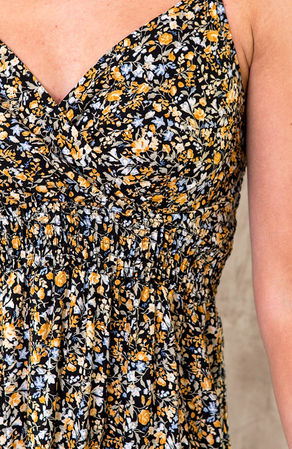 Spaghetti Jurk Bloemen Zwart Geel – shoparchief, foto 4