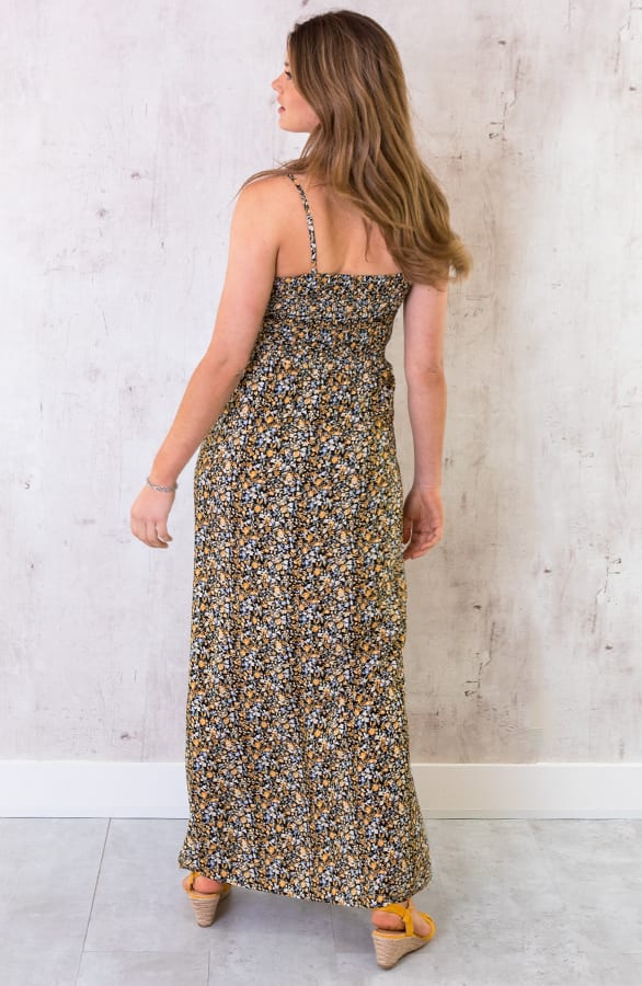 Spaghetti Maxi Jurk Bloemen Zwart Geel – shoparchief, foto 4