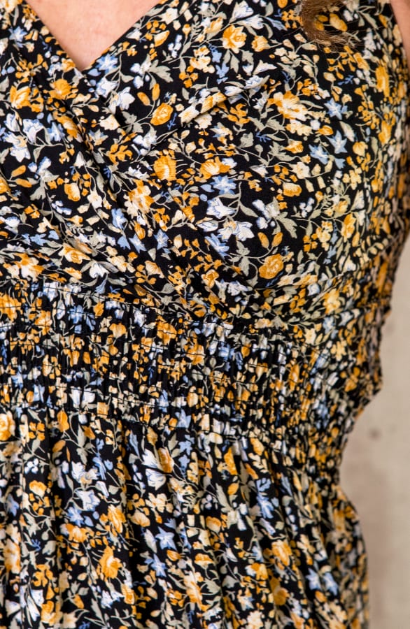 Spaghetti Maxi Jurk Bloemen Zwart Geel – shoparchief, foto 5