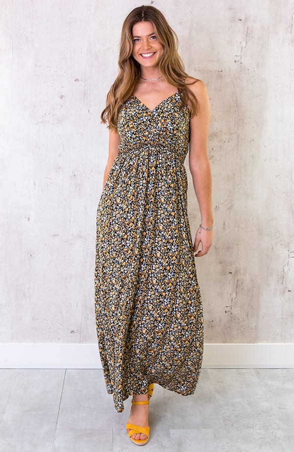 Spaghetti Maxi Jurk Bloemen Zwart Geel – shoparchief, foto 1