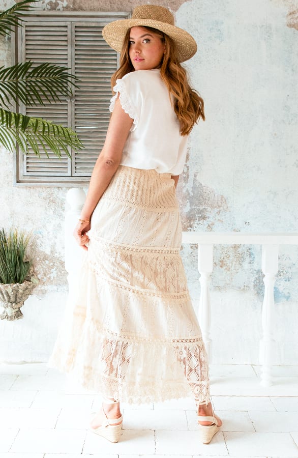 Boho Maxi Rok Bloemen Kant Ecru – shoparchief, foto 3