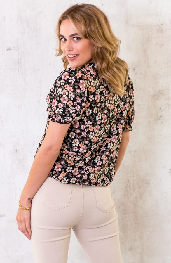 Korte Mouwen Bloemen Blouse Zwart – shoparchief, foto 3