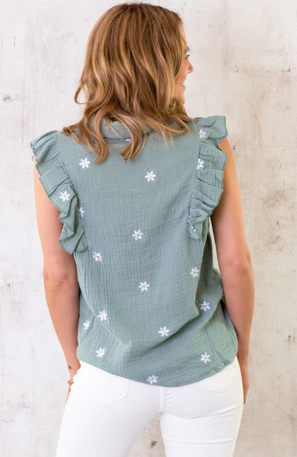 Linnen Ruffle Blouse Madelief Dust Green – shoparchief, foto 5