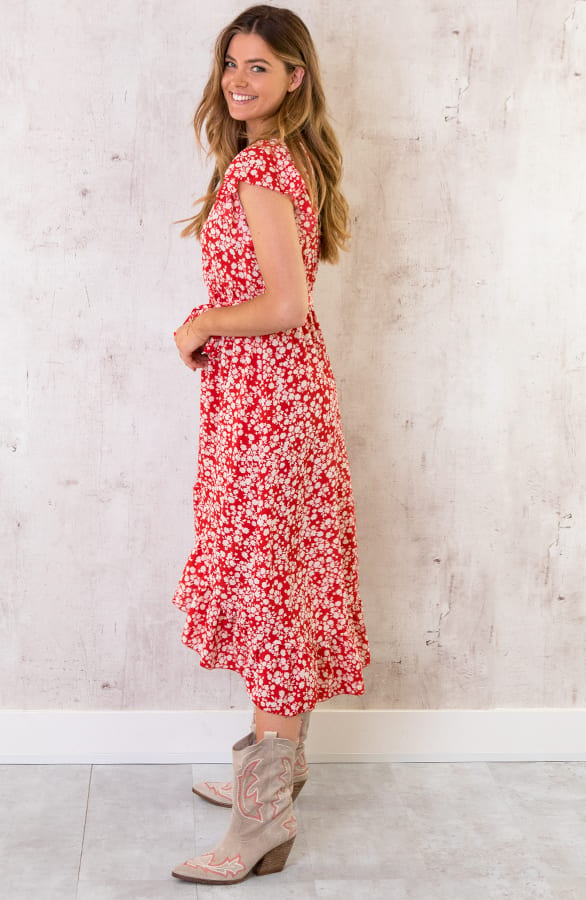 Midi Bloemen Jurk Rood – shoparchief, foto 3