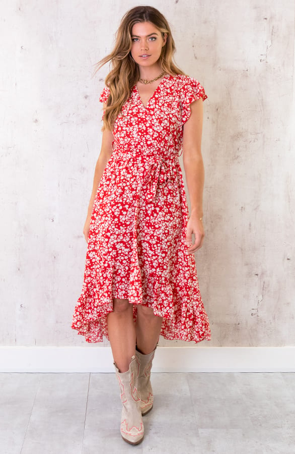 Midi Bloemen Jurk Rood – shoparchief, foto 1