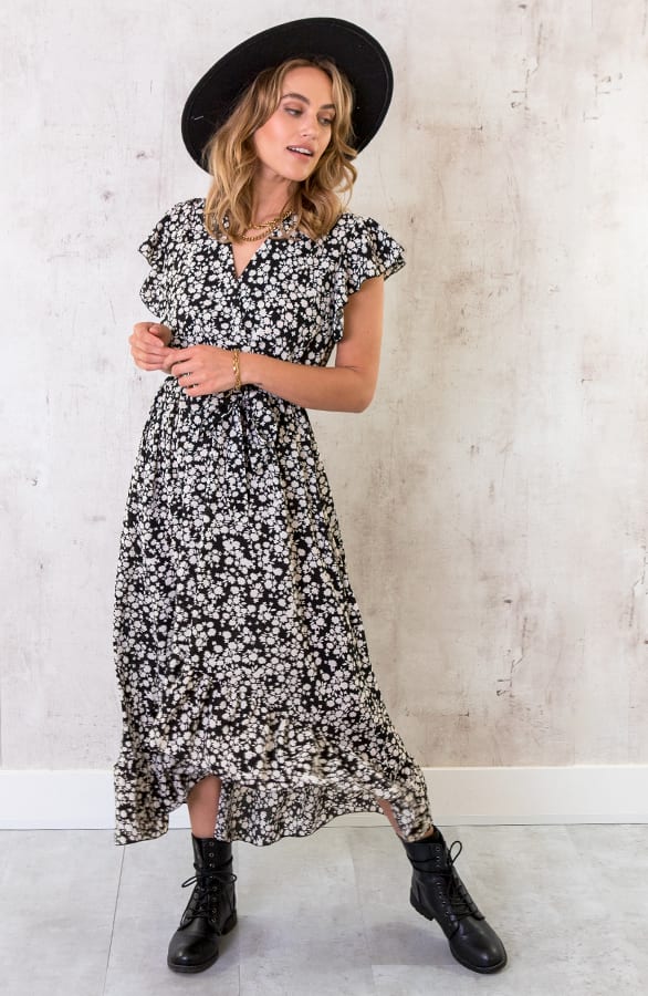 Midi Bloemen Jurk Zwart – shoparchief, foto 2