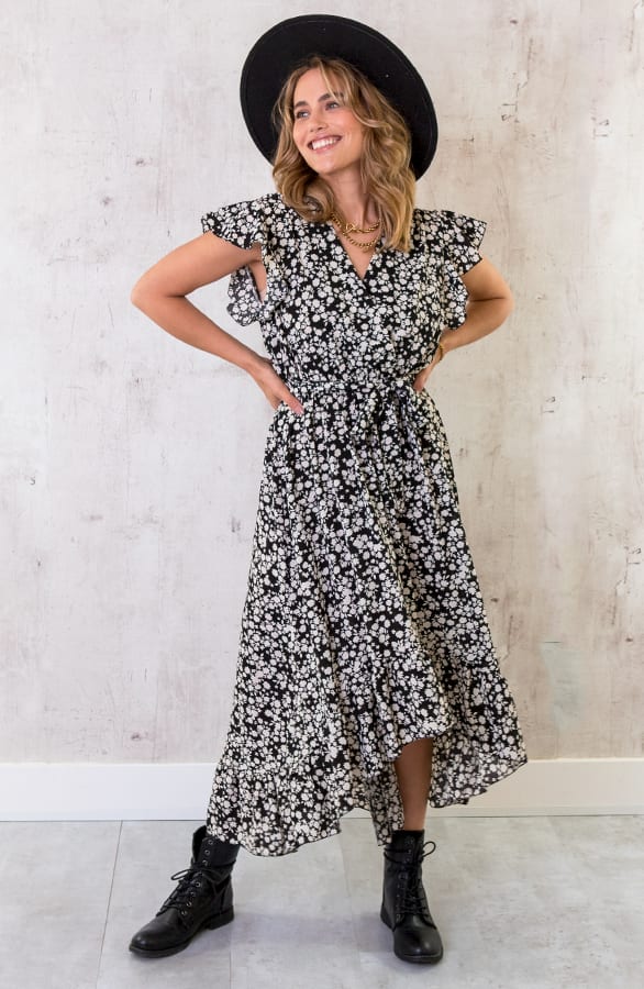 Midi Bloemen Jurk Zwart – shoparchief, foto 1