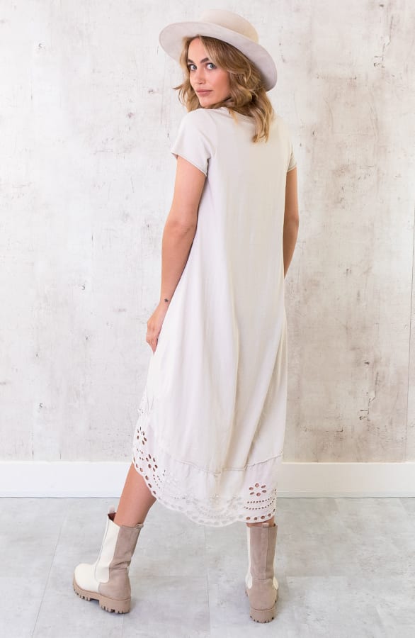 Oversized Katoenen Embroidery Jurk Beige – shoparchief, foto 3