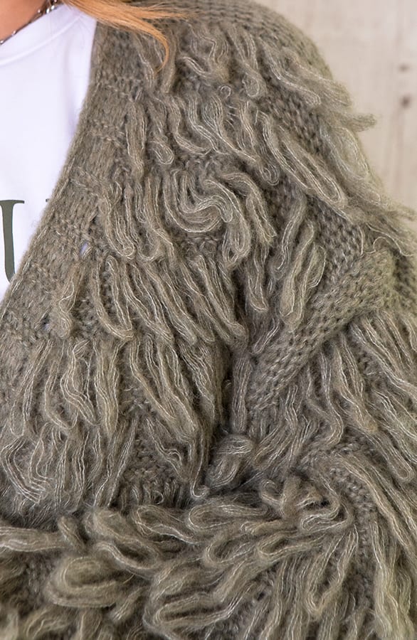 Oversized Knitted Fringe Vest Army – shoparchief, foto 6