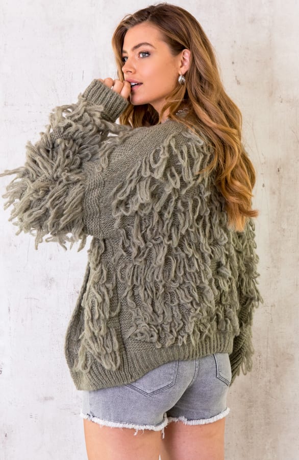 Oversized Knitted Fringe Vest Army – shoparchief, foto 4