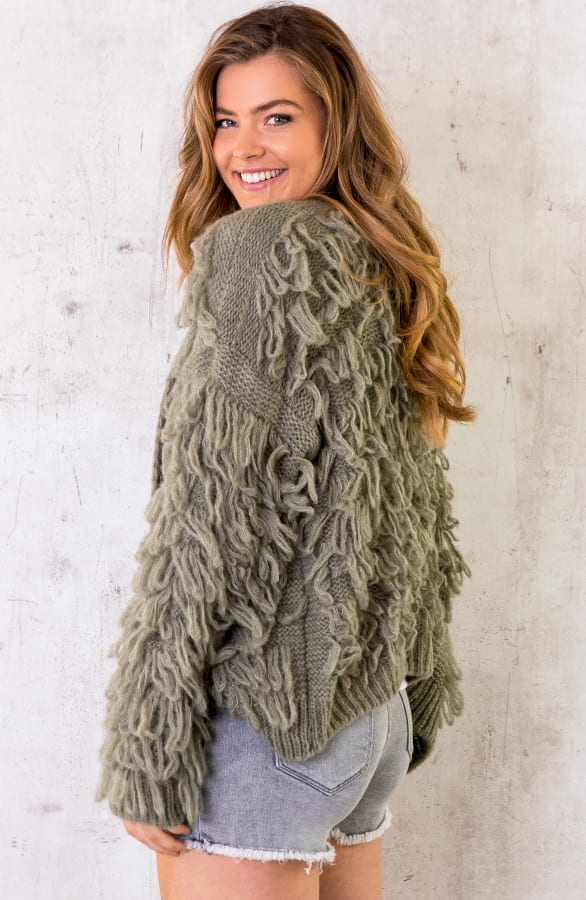 Oversized Knitted Fringe Vest Army – shoparchief, foto 3