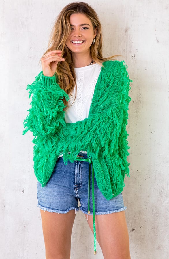 Oversized Knitted Fringe Vest Bright Green – shoparchief, foto 2