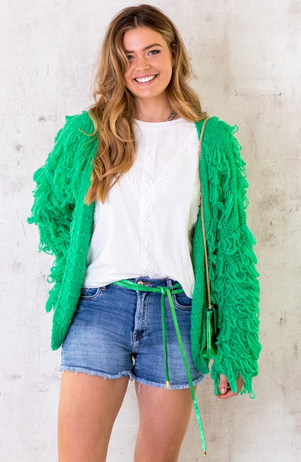 Oversized Knitted Fringe Vest Bright Green – shoparchief, foto 3