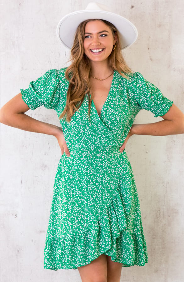 Overslag Ruches Leaves Jurk Groen – shoparchief, foto 1