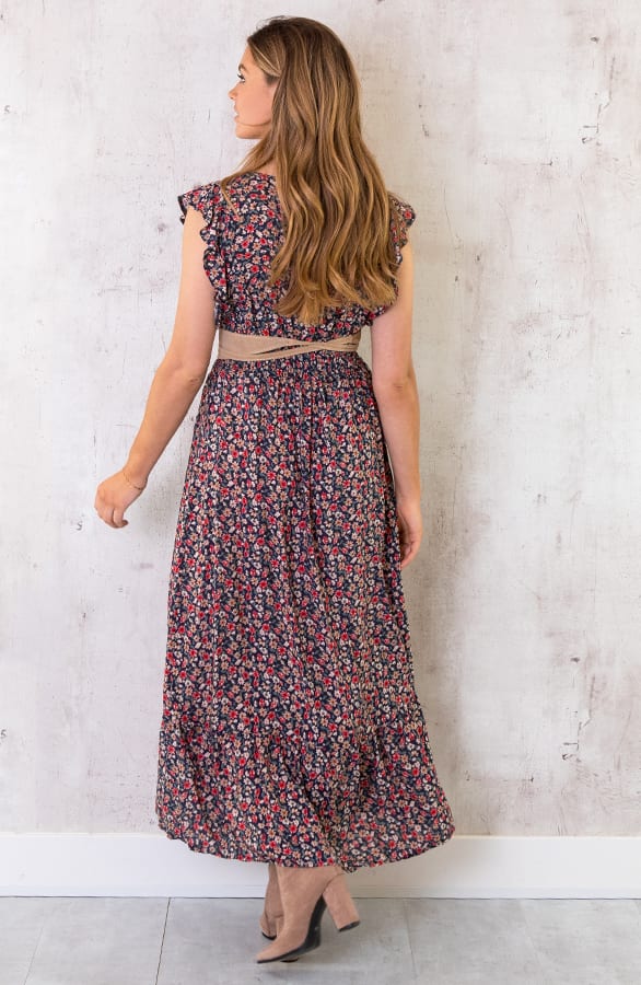 Ruffle Maxi Jurk Bloemen Marine Rood – shoparchief, foto 3