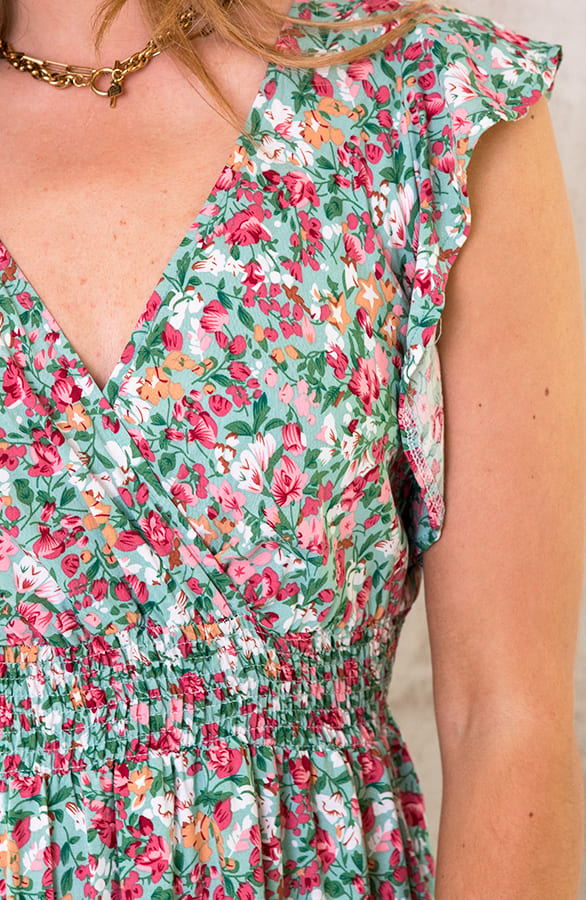Ruffle Maxi Jurk Bloemen Turquoise – shoparchief, foto 5