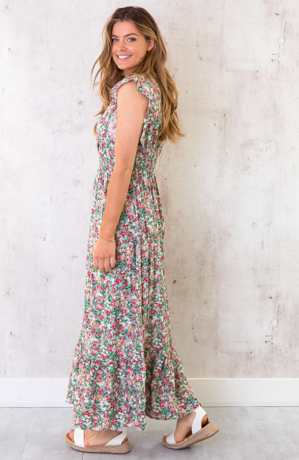 Ruffle Maxi Jurk Bloemen Turquoise – shoparchief, foto 3