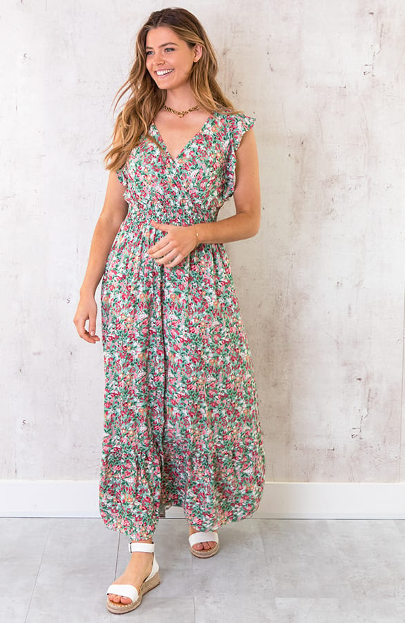 Ruffle Maxi Jurk Bloemen Turquoise – shoparchief, foto 1
