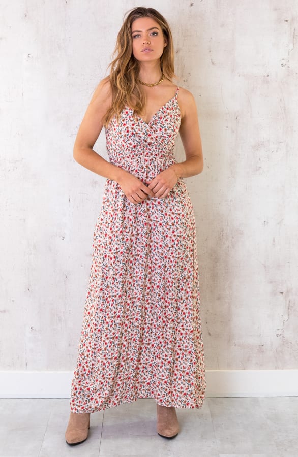 Spaghetti Maxi Jurk Bloemen Creme – shoparchief, foto 1