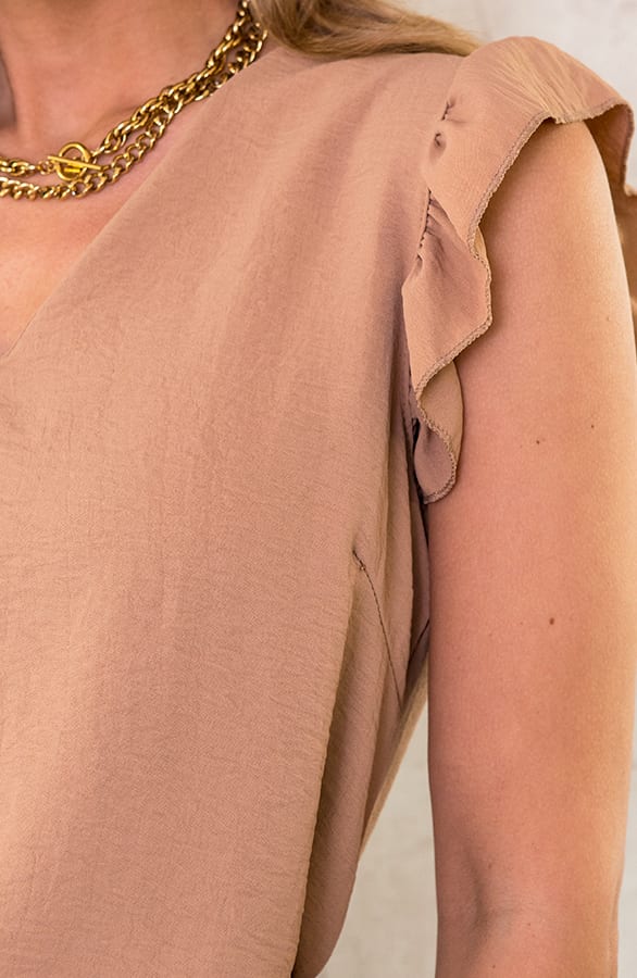 V-hals Ruffle Blouse Camel – shoparchief, foto 2