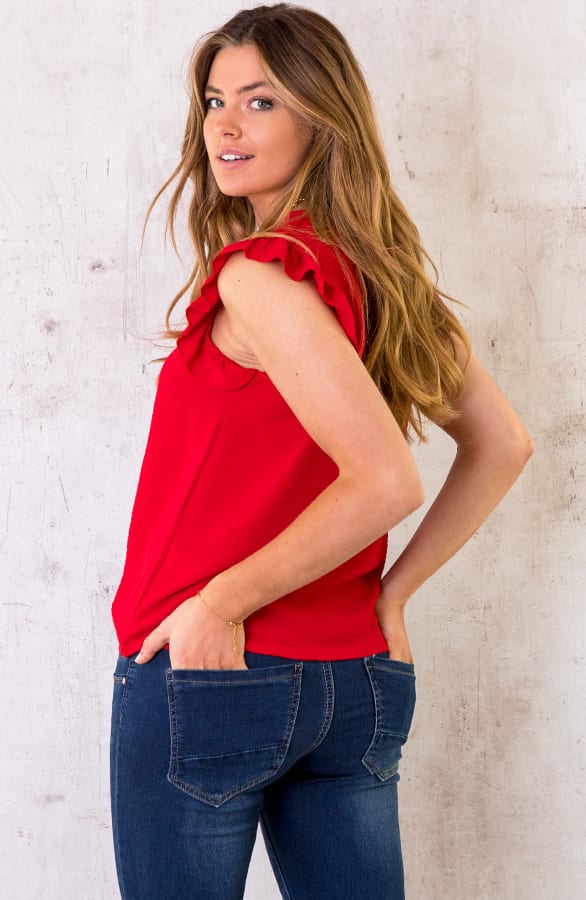 V-hals Ruffle Blouse Rood – shoparchief, foto 3