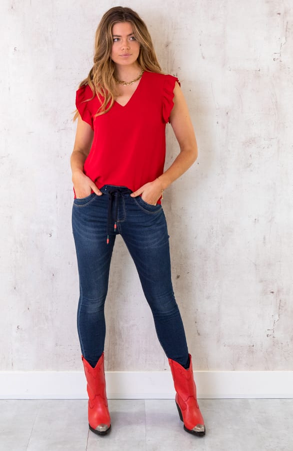 V-hals Ruffle Blouse Rood – shoparchief, foto 4