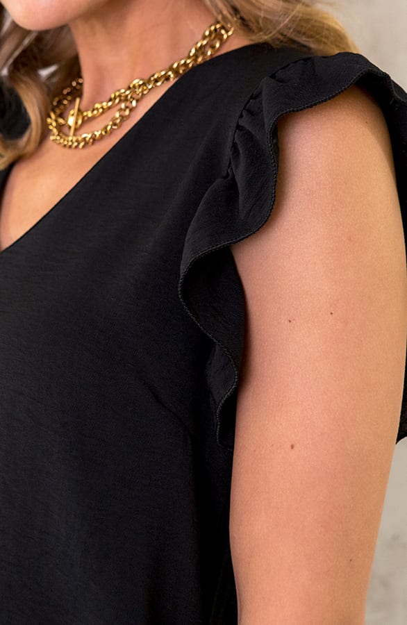 V-hals Ruffle Blouse Zwart – shoparchief, foto 3